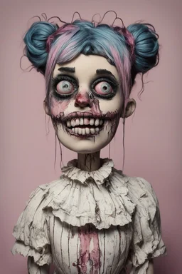 full color, illustration of a dark, menacing, girl Singer Melanie Martinez face, as a decayed, broken, crude homemade cloth doll toy, with a narrow cracked porcelain face, thick dark eyebrows, hair made from ragged strips of cloth, in the style of Alex Pardee, Tim Burton, and Nadya Sheremet