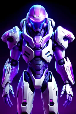 Futuristic soldier that heavily resembles a Galactic Federation Marine from Metroid Prime 3. Has purple lighting for the visor and arm cannon, and is white armor.