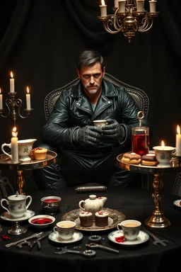 { "prompt": "A dark, moody, surreal scene of a rugged auto mechanic at a decadent high tea. He wears a fitted, oil-stained leather jumpsuit styled like high fashion, with torn gloves and polished steel-toe boots. His face is half-shadowed, grease smeared like war paint. He sits at a grand, candlelit tea table draped in black velvet, where tarnished silver trays overflow with eerie pastries, cracked porcelain cups, and blood-red tea. Rusted wrenches and gears are scattered among the delicate de