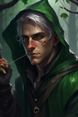 Portrait of male rogue elf, hooded Mauve hair, bright green eyes, disheveled, smoking cigarette, bow and arrow, black leather clothes, hiding, trees