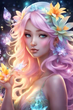 Hawaiian flower goddess anime girl with bright glow pastel hair casting a crystal flower spell, clear colors, digital painting, fine details