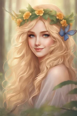 Magical forest fairy; serene face; sweet smile ; attractive image for book front cover; beautiful attractive eyes; beautiful flower crown; golden hair