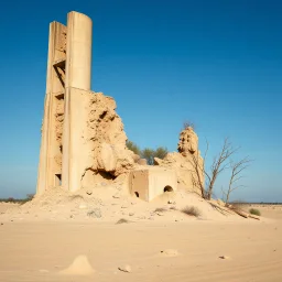 Fotografia di una ciminiera moderna brutalista, che sembra . La struttura è erosa e inglobata dal paesaggio naturale, come se il tempo o l'ambiente avessero iniziato a "riassorbirla". L'atmosfera è desolata e surreale, con un ambiente circostante spoglio e sabbioso hasselblad h6d400c