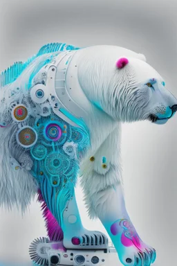 poetical, surreal minimalistic artwork, a tattooed maori, a cyberpunk polar bear, with a surreal engine mechanism, side view, in the style of Max Ernst, Renè Magritte, vivid colors, photo realistic web edition, ambient occlusion, strong top light , on white background