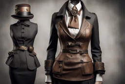 Индустриальная элегантность: облегающее платье или костюм из кожзаменителя или твида с металлическими вставками, ремнями с пряжками, небольшая шляпа или шляпа-котелок с сеткой или украшениями из шестеренок., стимпанк