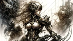 Witness the fusion of elegance and raw power as these mechanical entities gracefully navigate the battlefield, each movement choreographed like a macabre dance. Luis Royo's art style infuses the scene with an unparalleled level of intricacy, detailing the biomechanical components with precision and the terminators with a stoic, menacing presence