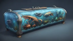 subnautica below zero, casket with a creatures drawn on it, from subnautica, realistic