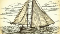 in the childish style of a 5 year old with scratchy penwork, a basic sloop, floating on water with the sail full of wind. Off to the side, the same boat mast is depicted, this time with the sail raised and tied up