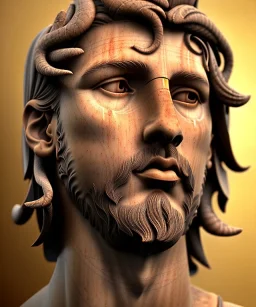 Gran angular, Realistic image, roman sculpture, marble deluxe material, Lionel Messi, gold Laurel leaves crown model, miguel angel style, chisel style, emperador, waist up portrait, cinematic lighting, God light, god rays, 4k resolution, smooth details, ornate details, soft lighting, unreal engine 5, soft cyan background.