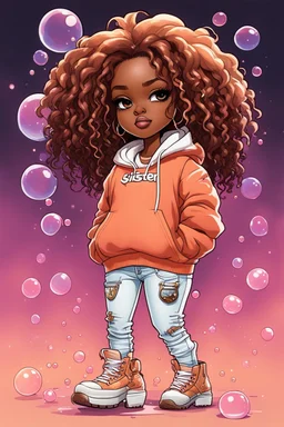 Create an colorful urban comic book illustration of a chibi cartoon black female thick curvy wearing a cut of peach hoodie and white jeans and timberland boots. Prominent make up with long lashes and hazel eyes. Highly detailed shiny sister locs. Background of a large bubbles all around her