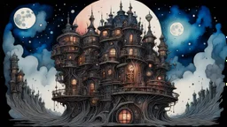 an stunning crazy weird building in a nightmare, moving castle with full moon in the background, deep colors and metallic colors, sci-fi, neo-steampunk, intricate ink painting, details, mechanical life form, dark fantasy, watercolor with weet ink