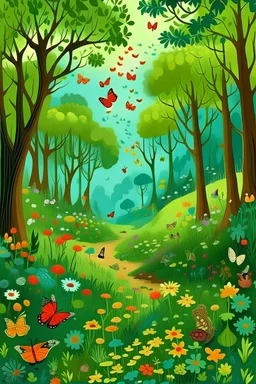 Un paisaje de bosque verde con árboles altos, flores vibrantes, y la danza de mariposas, en el suelo animales explorando.