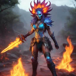 realistic photo 8k [glitched acid trip by Mil Mascaras] AD&D monster she is hot with her flame boots, she is a Nilbog: healed by receiving damage and harmed by healing spells, she is surrounded by cannibals: Brain, zombie, skull and the likes...