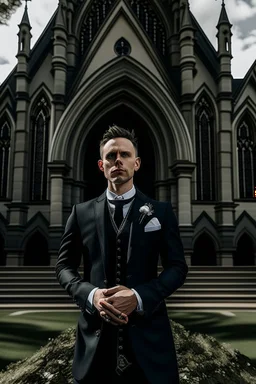 man dressed in church dress clothes bearing his chest in front of a church