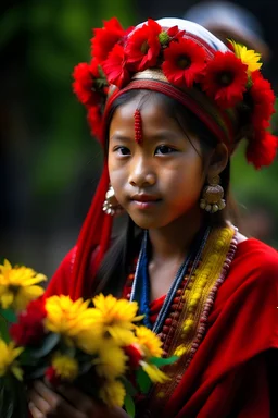 gadis dayak berbaju merah membawa bunga