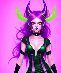 cute purple haired devil girl with bright green eyes and black horns wearing purple/pink dress