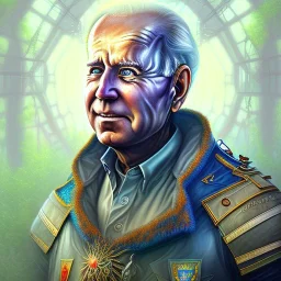 water color and spray painting fantasy art, portrait biden looking crazy old, standing in portal to wet forest world from city world,poetry book illustration