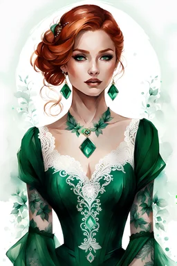 watercolor dark beautiful young woman with tattoos in a dark green dress with white lace with a emeralds ring in a green dress, sleeve with white lace, ginger hair, well-drawn eyes, five fingers on the hand, white background, Trending on Artstation, {creative commons}, fanart, AIart, {Woolitize}, by Charlie Bowater, Illustration, Color Grading, Filmic, Nikon D750, Brenizer Method, Side-View, Perspective, Depth of Field, Field of View, F/2.8, Lens Flare, Tonal Colors, 8K, Full-HD, ProPhoto RGB,
