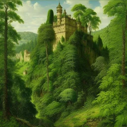 A green castle covered in leafy foliage painted by Albrecht Durer