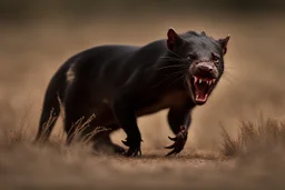 A captivating image of a attacking angry Tasmanian devil in its natural habitat., poised on a vast field with a stark contrast between light and dark, conveys a powerful sense of tension. In this expertly captured photograph, the predatory animal stands tall, its muscular frame oozing strength and dominance. The sharpness of every detail accentuates the creature's primal aura, from its razor-sharp teeth and piercing eyes to its sleek, glossy fur. This mesmerizing image.