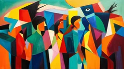 Journey Within the Mind, a painting of a group of people in different colors, a cubist painting, abstract expressionism, a surrealistic bird, eye, minimalism