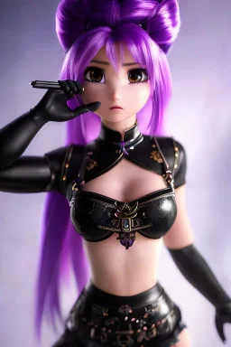 Detailed cute anime Kunoichi girl, purple hair buns, purple bangs, black latex bodysuit, intricate details, full body portrait, keep head in frame, slight smile, black Japanese motif, concept art, highly detailed, digital painting, concept art, sharp focus, illustration, art by Yoji Shinkawa, WLOP and greg rutkowski and alphonse mucha and artgerm and yanjun Chen and Junji ito and Makoto Shinkai, HDR, octane render