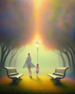 park mystical dream, park bench, man, woman, child, dog, trees, path, bird, sunshine, mystical, fantasy, romanticism, pastel colors, daylight, daytime, acrylic painting, detailed, soft focus,