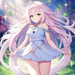 Clear focus,8k,Beatiful Lighting,Detailed, light pink long fluffy hair, long fluffy bangs, green eyes, wearing a stunning sparkling outfit,wearing a short skirt, dating game