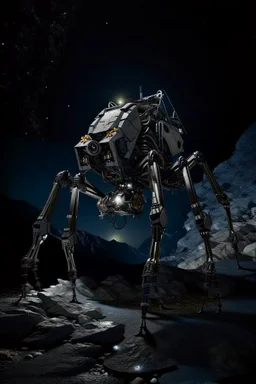 eight legged mechanical walker scaling a very steep rocky side of mout everest at night, it has a smooth surface, it has storage pods on its belly human can fit in the pods