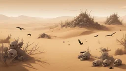 Pile of skulls accumulated in a desert terrain, crows flutter and perch around them and the wind raises dusty trails that drag dry plants