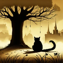 a painting of a cat sitting in front of a tree, a storybook illustration by Gediminas Pranckevicius, featured on deviantart, gothic art, ominous vibe, storybook illustration, dark and mysterious