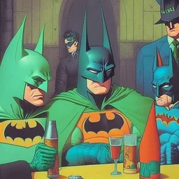 A 1980 comic of a dark universe masonic sad drunk batman cosplay convention, green batman, orange batman, cyan batman, white batman.