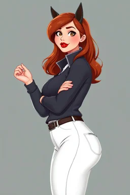 In a realistic, non-anime, cartoon style like: body shot of 40-year old chubby redhead with thick red lips and smoky eyes with long lashes who looks a lot like Jewel DeNyle. She is wearing equestrian attire with tight white pants.