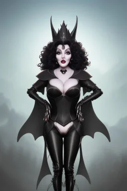 Joan Collins as evil queen in black leather, leather, busty, cleavage, angry, stern look. character design by cory loftis, fenghua zhong, ryohei hase, ismail inceoglu and ruan jia. unreal engine 5, artistic lighting, highly detailed, photorealistic, fantasy