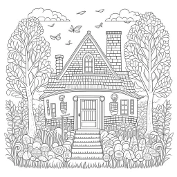 GARDEN HOUSE, "Fairy-tale Gardens: Illustrate magical moments, full view, realistic, coloring page, only draw lines, coloring book, clean line art, wildlife-inspired, kid style, –no sketch, color, –ar 3:4, white background, minimalistic black lines, 8k, minimal black color, low level black colors, coloring page, use pure black and white colors, avoid thick black colors, thin black line art, avoid colors, perfect shape, perfect clear lines, clear edges,