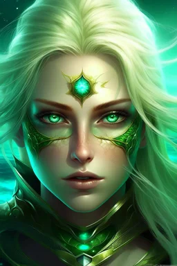 guerriero cosmico viso bellissimo capelli biondi occhi verde mare