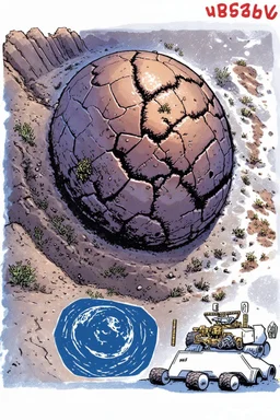 High-altitude lunar reconnaissance satellite image of a young impact crater with larger regolith along right ride. A damaged metallic alien sphere with fracture lines like an egg. organic growth across regolith and up crater walls. Along the lower frame edge a small modern bare-bones lunar-vehicle sits near the rim with visible wheel tracks. comic page pencils