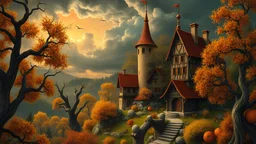 a faraway fairy tale village, orange, yellow, where the trees twisted like gnarled fingers and the skies brooded with stormy clouds, 8k, high quality, trending art, trending on artstation, sharp focus, studio photo, intricate details, highly detailed, by tim burton