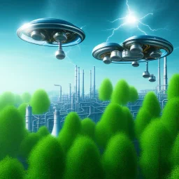 energy, power plant, technology, future, flying cars, green trees, blue sky