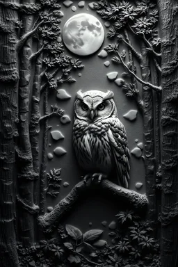 depth map style for bas-relief, a wonderful barn owl in a deep forest, a grayscale representation of the 3D data in a scene, global illumination, black and white