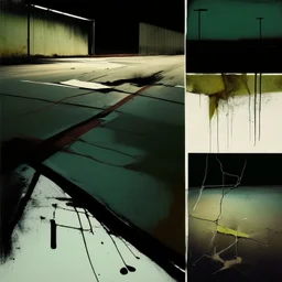 Minimal abstract oil paintings close up body parts and concrete fragments, in carpark, illuminated at night, style of Justin Mortimer and Francis Bacon