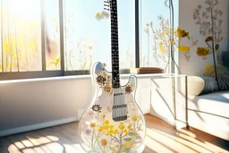 A lovely clear transparent resin guitar with wildflower design in a modern room in sunshine