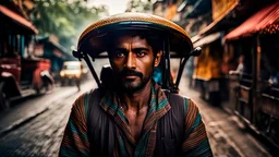 In this visually descriptive image, a Rikshaw driver turns to face the camera with a look of surprise. The atmosphere is mysterious and dramatic, with warm tones and a matching color palette that adds to the overall effect. The sharp focus and post-processing techniques used in this image create a sense of depth and dimension, while the perfect composition and global illumination bring every detail to life. Shot with a Canon EF 1, this image is a masterful example of stylistic rendering.