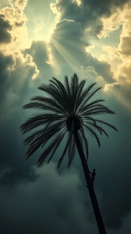 Sun light above swirling clouds, emerges from the heart of a raging storm. Turbulent winds of steam swirl around lit by shafts of sunlight that cast dramatic shadows on the A man climbing date palm tree, High quality 16k cinematic scene and great photography