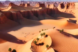 Extreme long shot, Birds Eye view, Arabic desert skyline, smooth, god rays, unreal engine 5, ray tracing, RTX, lumen lighting, ultra detail, volumetric lighting