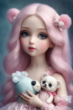 a close up of a doll holding a teddy bear, artdoll, realistic cute girl painting, anime barbie doll, carlos ortega elizalde, doll, kawaii realistic portrait, portrait of barbie doll, young girl, cute pocelain doll, by nicoletta ceccoli, barbie doll, beauty girl, beautiful and realistic face, beautiful fantasy art portrait, cute young girl