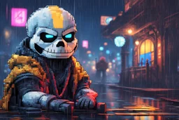 Sans in 8k cartoon artstyle, pixel them, neon effect, close picture, rain, fantasy world, intricate details, highly detailed, high details, detailed portrait, masterpiece,ultra detailed, ultra quality