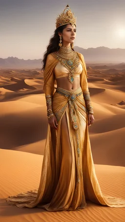 a regal nomad queen adorned in golden attire, standing in the midst of a vast desert. Pay attention to the details of her intricate jewelry, flowing garments, and the warm hues of the desert landscape.