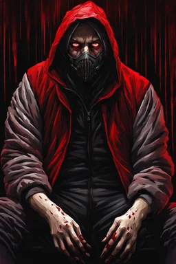 A scary gothic person sits quietly in the middle of a soundproof, padded room conveying intense dramatic emotions in a muted environment, wearing a red restraint jacket with arms inside, a mask to cover the mouth area of cannibal evil scary, dark and gothic look, cold eyes, eary ultra detailed,.32k, digital art style with messy paint, hardened sealer appearance, impasto, dramatic Arial view with explosive chaotic background