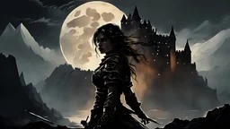 a warrior girl against the background of mountains and an ancient castle, a bright moonlit sky in black clouds, fear and loneliness, anger and revenge, dark fantasy, dark colors, Luis Royo & Raymond Swanland & Alyssa Monks & Anna Razumovskaya